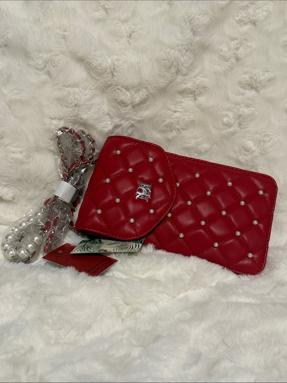 Badgley Mischka - Red Quilted Crossbody Wallet with Pearl Studs
